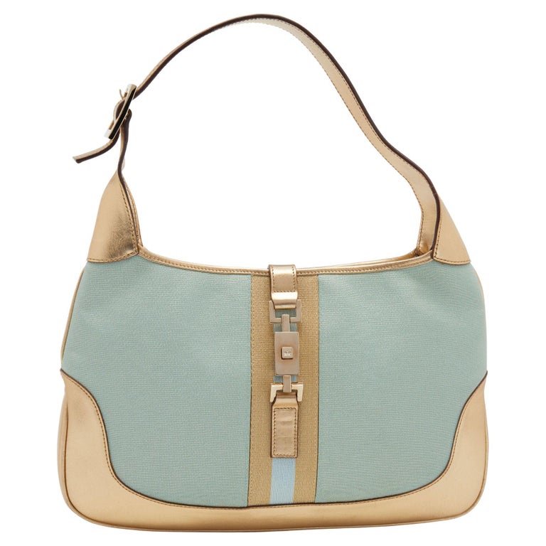 Gucci Blue/Gold Canvas and Leather Jackie O Hobo For Sale at 1stDibs