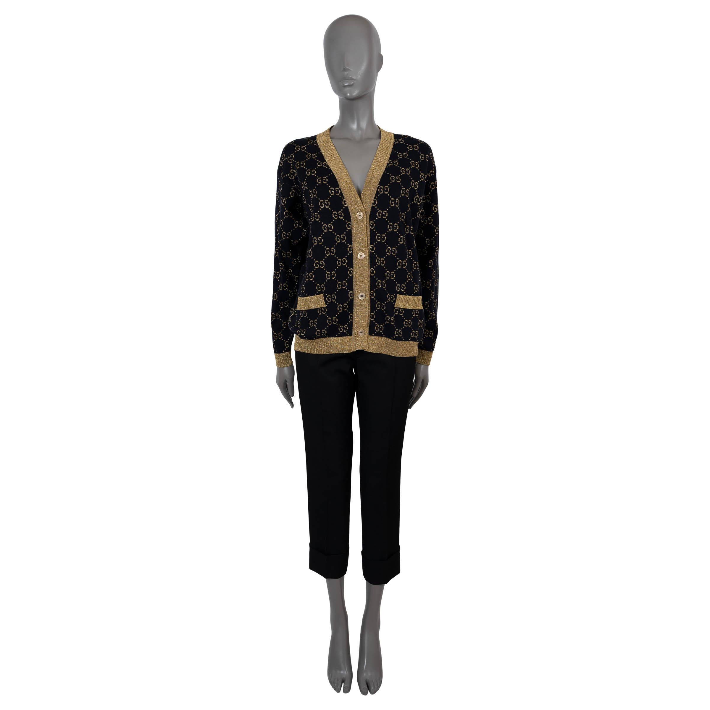 GUCCI blue & gold cotton GG OVERSIZED LAME KNIT Cardigan Sweater XS In Excellent Condition In Zürich, CH