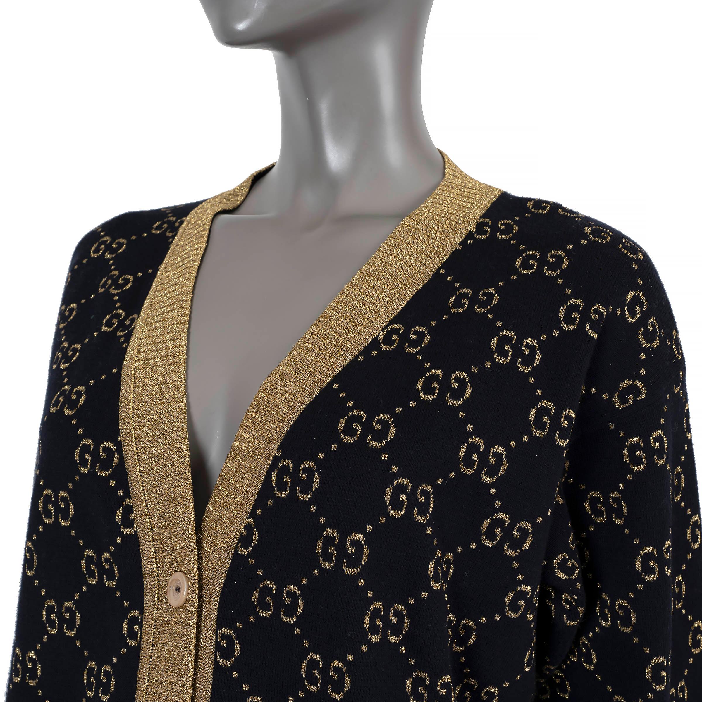 Women's GUCCI blue & gold cotton GG OVERSIZED LAME KNIT Cardigan Sweater XS