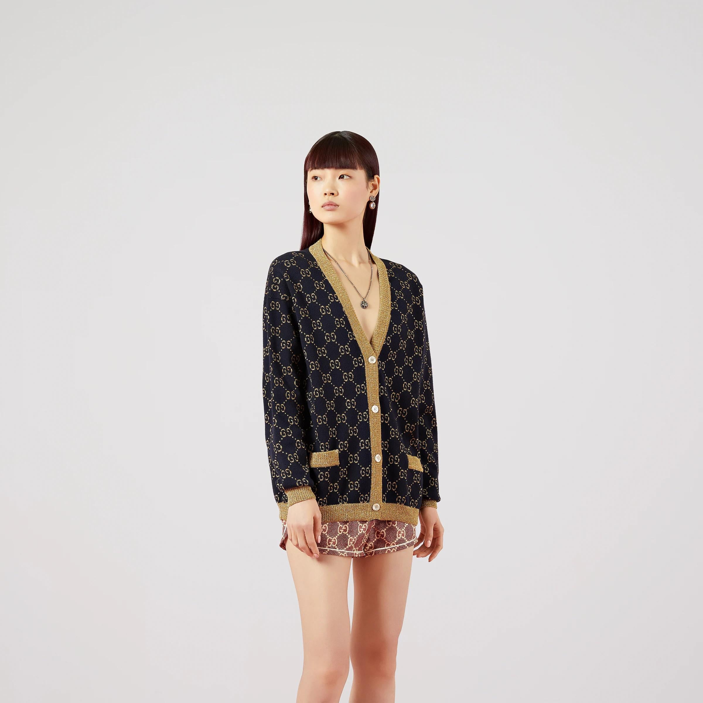 GUCCI blue & gold cotton GG OVERSIZED LAME KNIT Cardigan Sweater XS 2