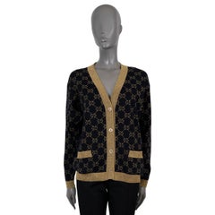 GUCCI blue & gold cotton GG OVERSIZED LAME KNIT Cardigan Sweater XS