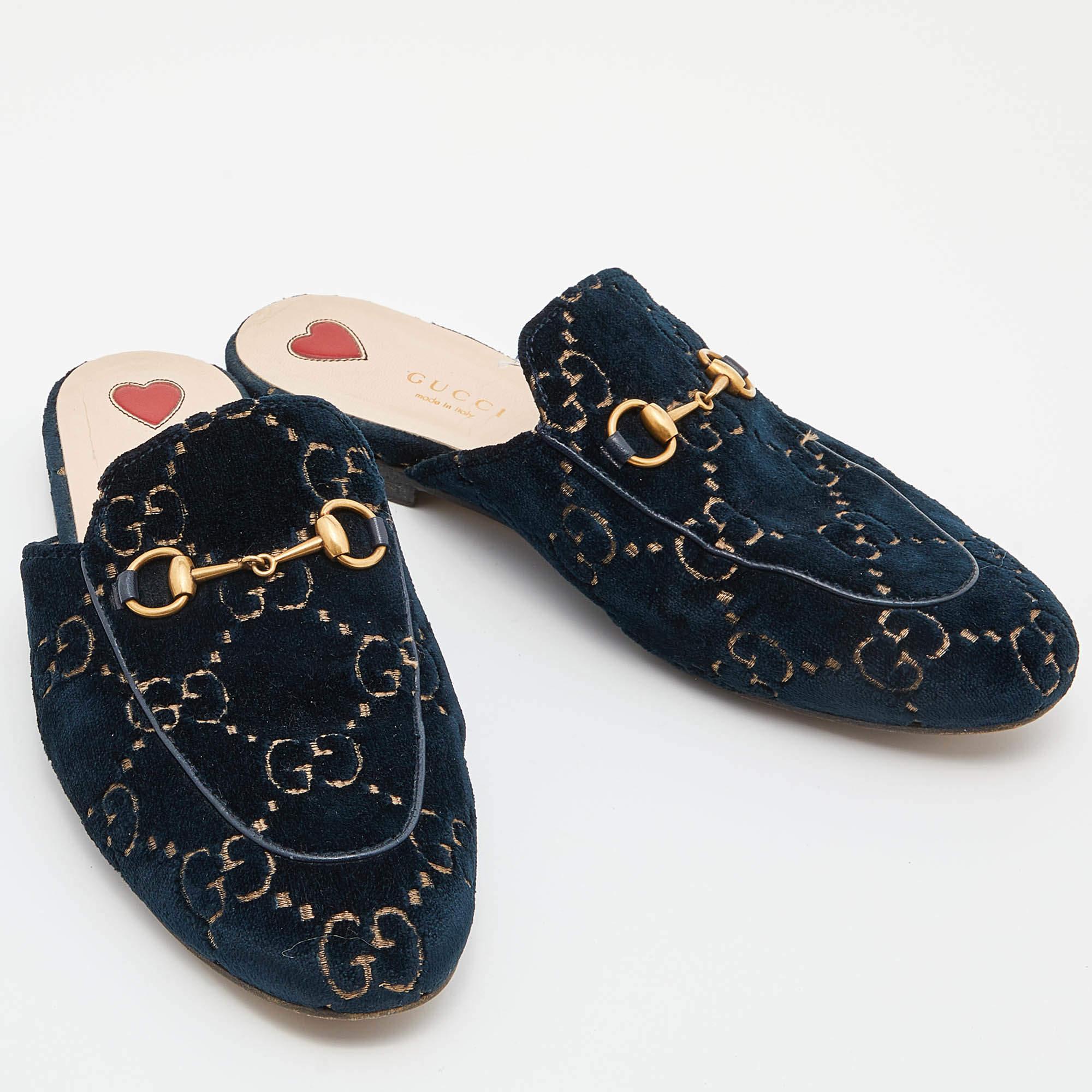 Women's Gucci Blue/Gold GG Velvet Princetown Flat Mules Size 38