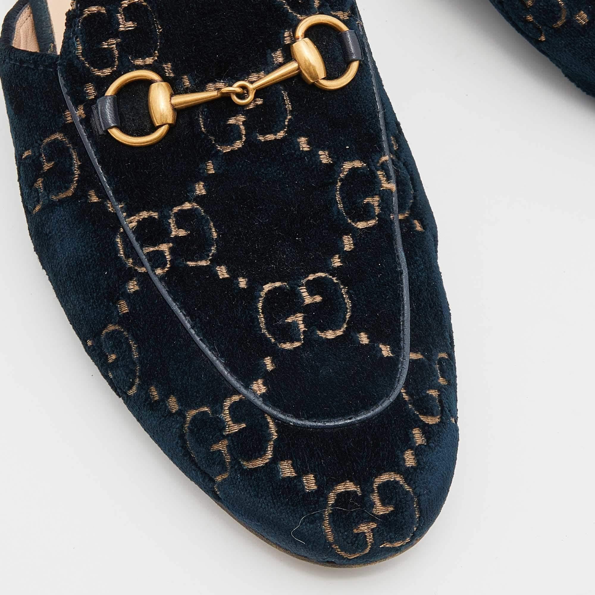 Gucci Blue/Gold GG Velvet Princetown Flat Mules Size 38 1
