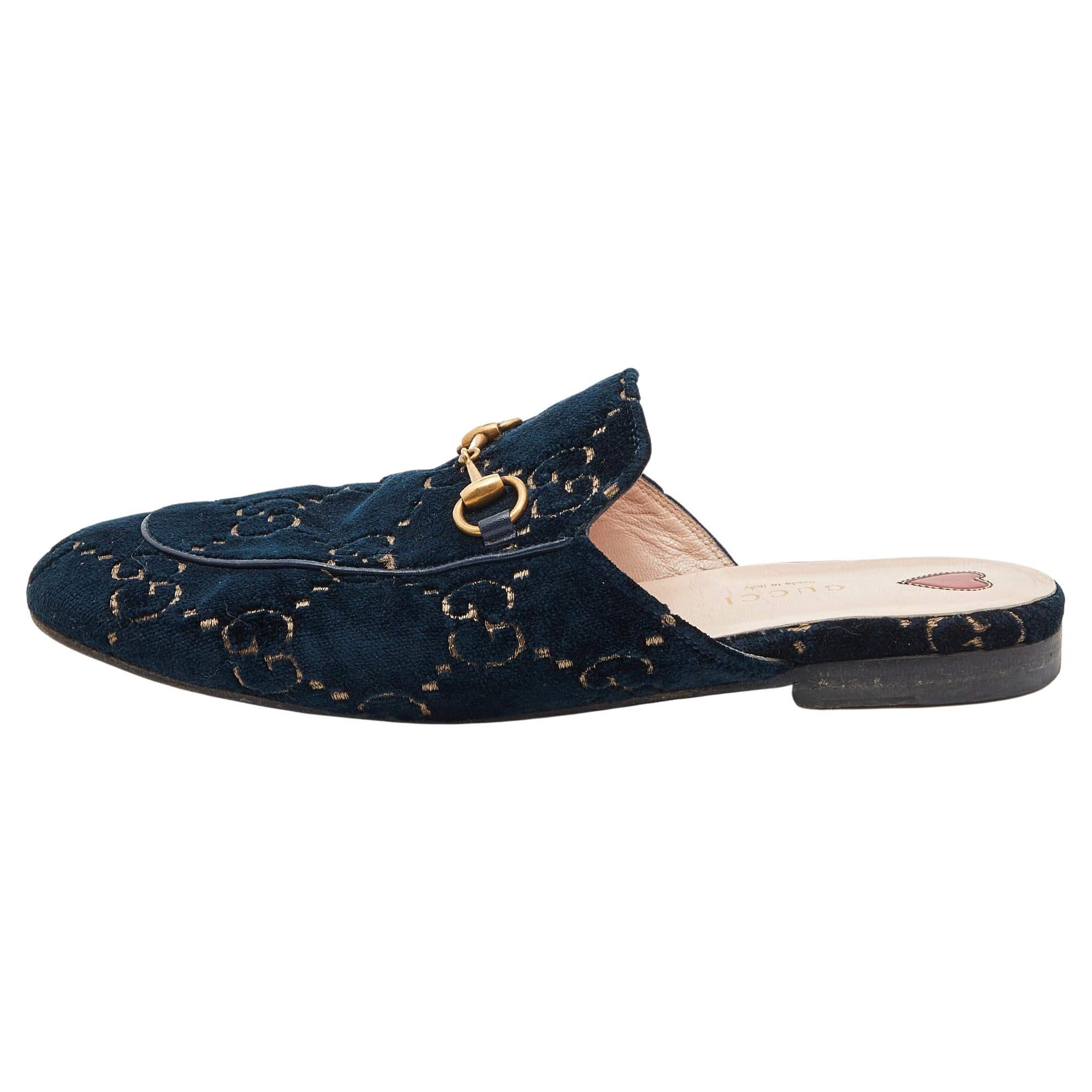 Gucci Blue/Gold GG Velvet Princetown Flat Mules Size 38