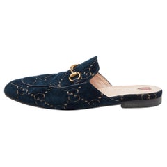 Used Gucci Blue/Gold GG Velvet Princetown Flat Mules Size 38
