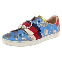 Gucci Blue/Gold Lurex Fabric Ace Web Crystal Embellished Sneakers Size 38