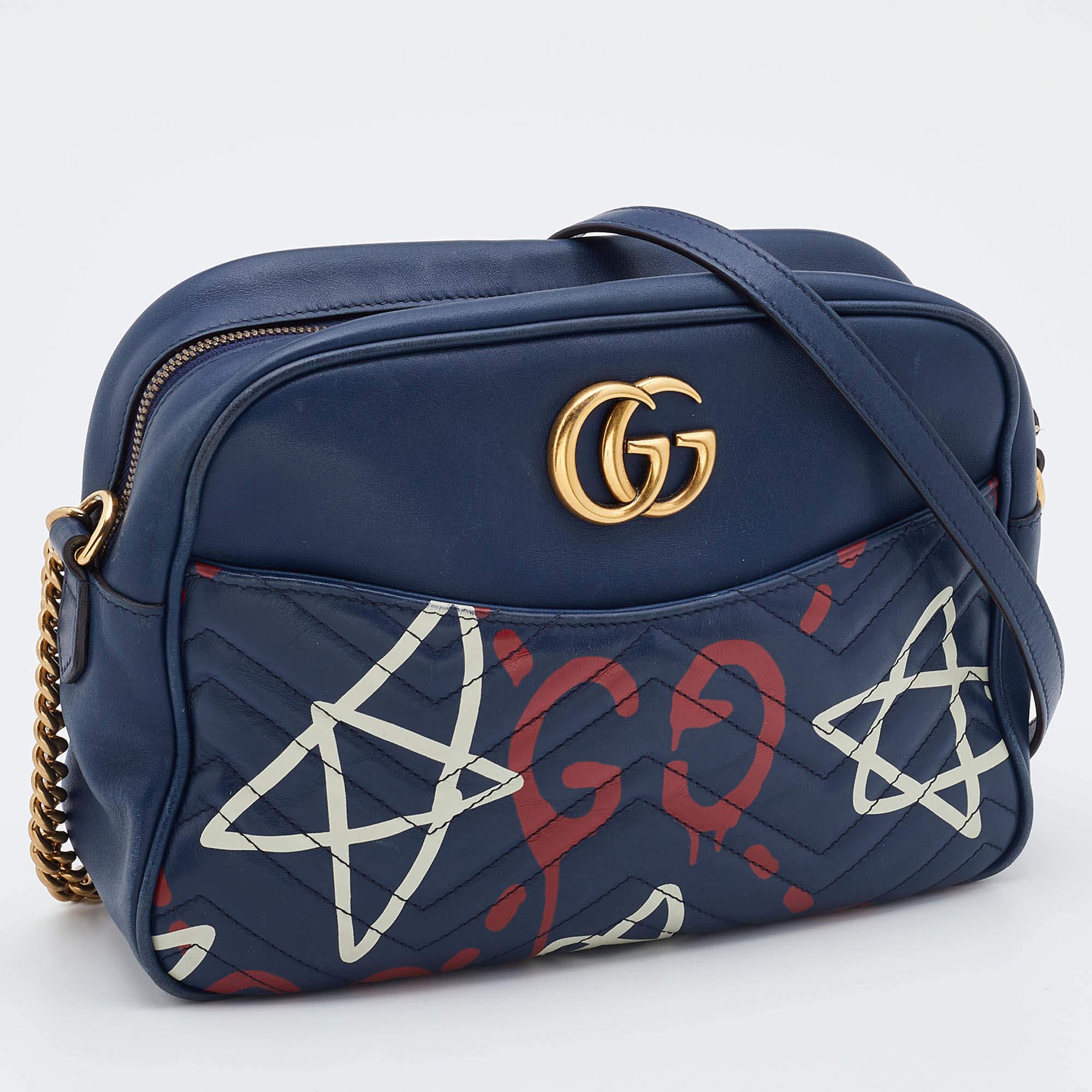 Black Gucci Blue Graffiti Leather GG Marmont Gucci Ghost Shoulder Bag