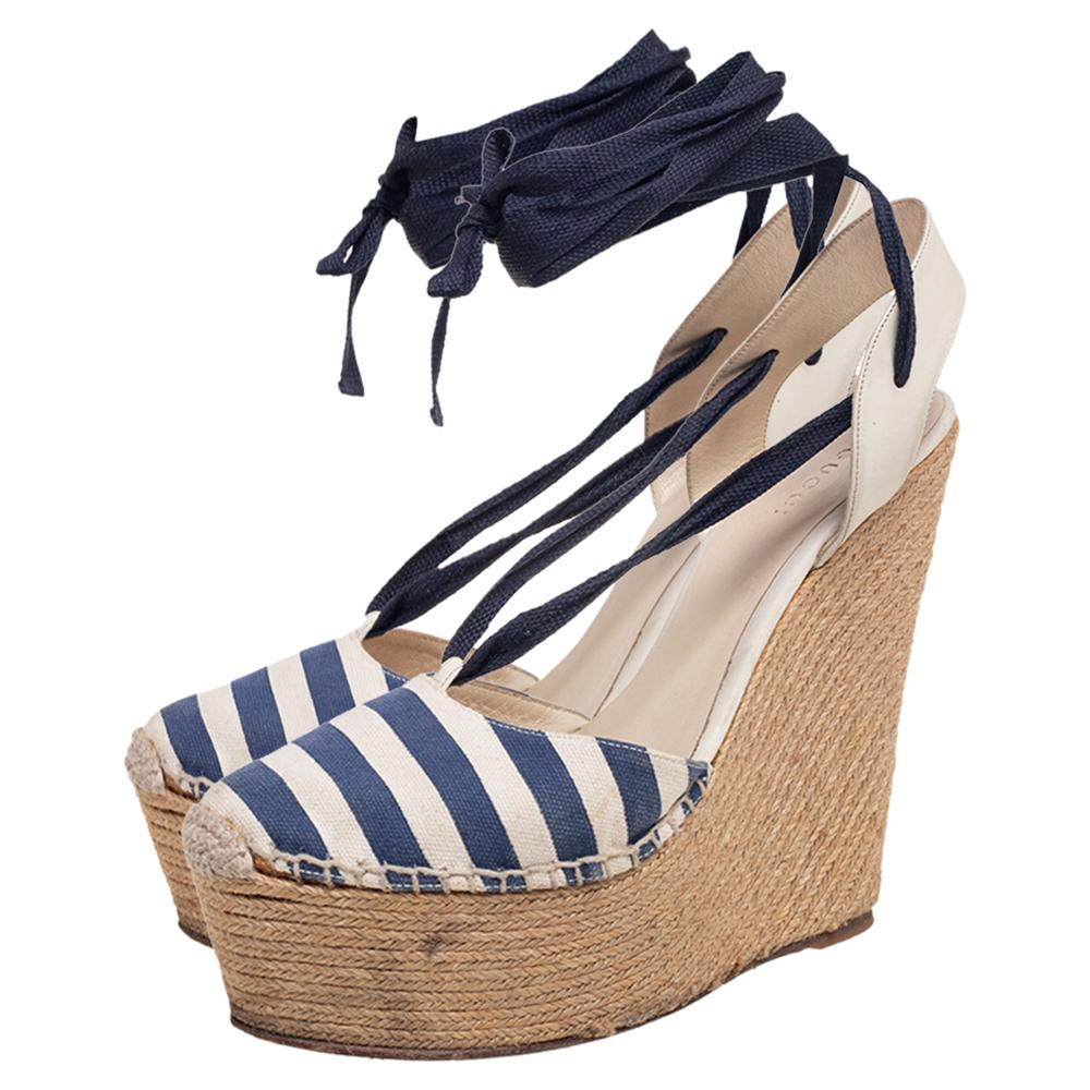 Beige Gucci Blue/Grey Canvas And Leather Espadrille Wedge Ankle Wrap Sandals Size 39