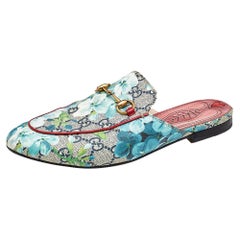 Gucci Blue/Grey GG Canvas Blooms Print Princetown Mules Size 38