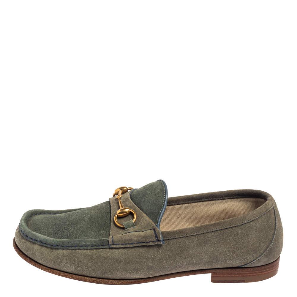 Gucci Blue/Grey Suede Horsebit Slip on Loafers Size 42 For Sale 1