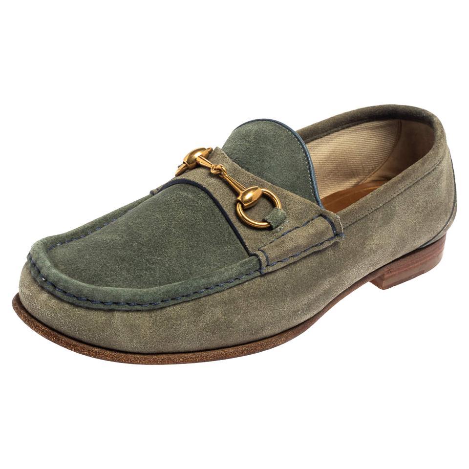 Gucci Blue/Grey Suede Horsebit Slip on Loafers Size 42 For Sale