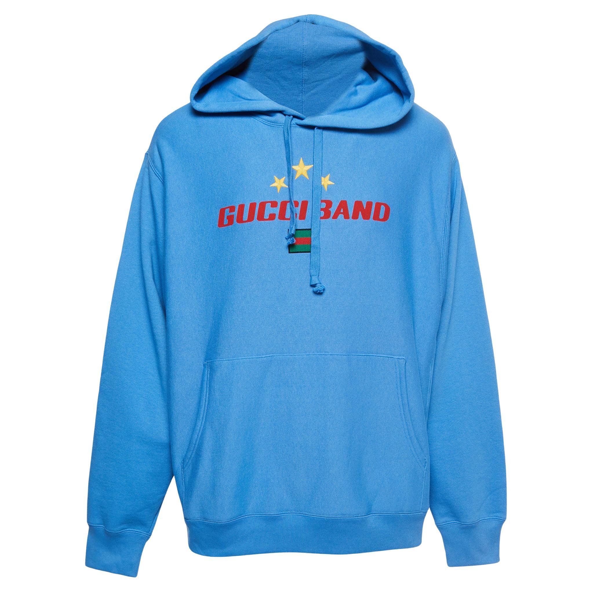 Gucci Blue Gucci Band Print Cotton Hooded Sweatshirt XXL