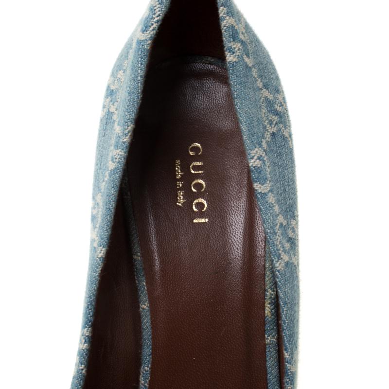 Gucci Blue Guccissima Canvas Horsebit Peep Toe Wedge Platform Pumps Size 39 1