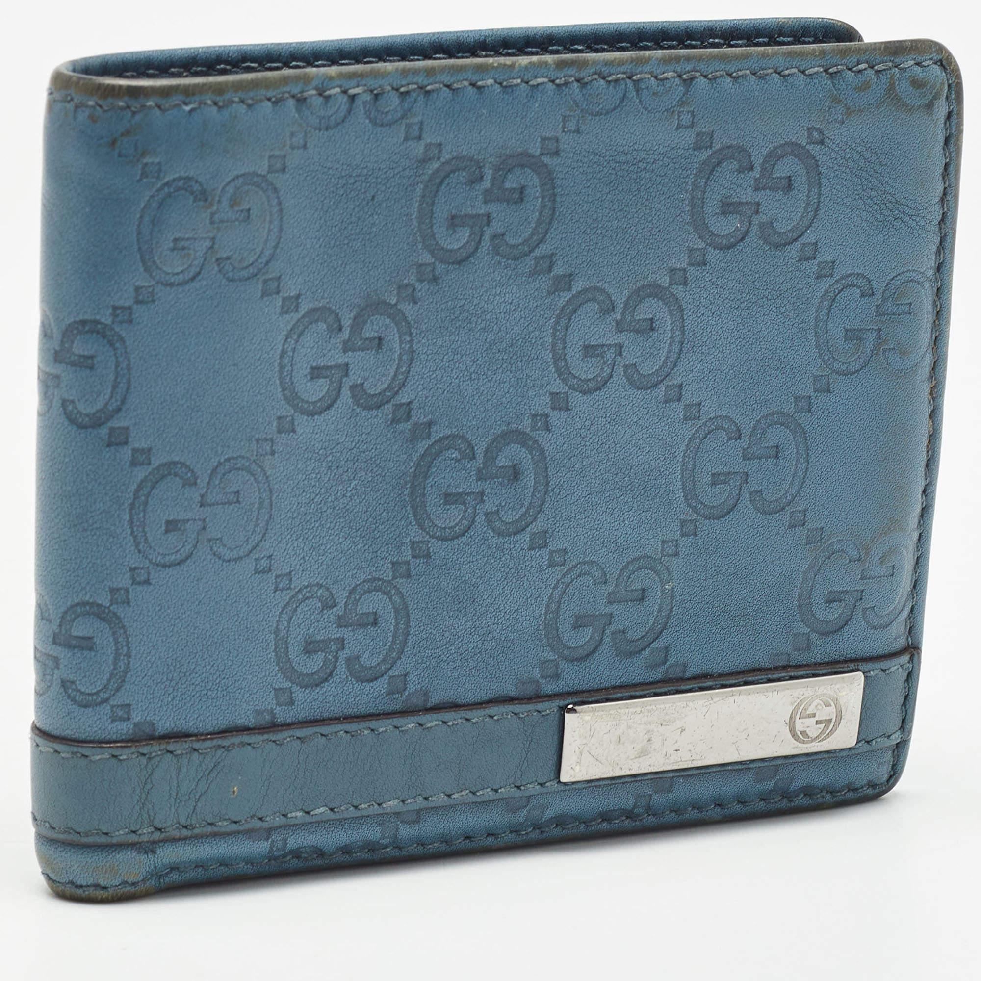 Portafoglio bifold Gucci in pelle blu con barra in metallo in vendita 2