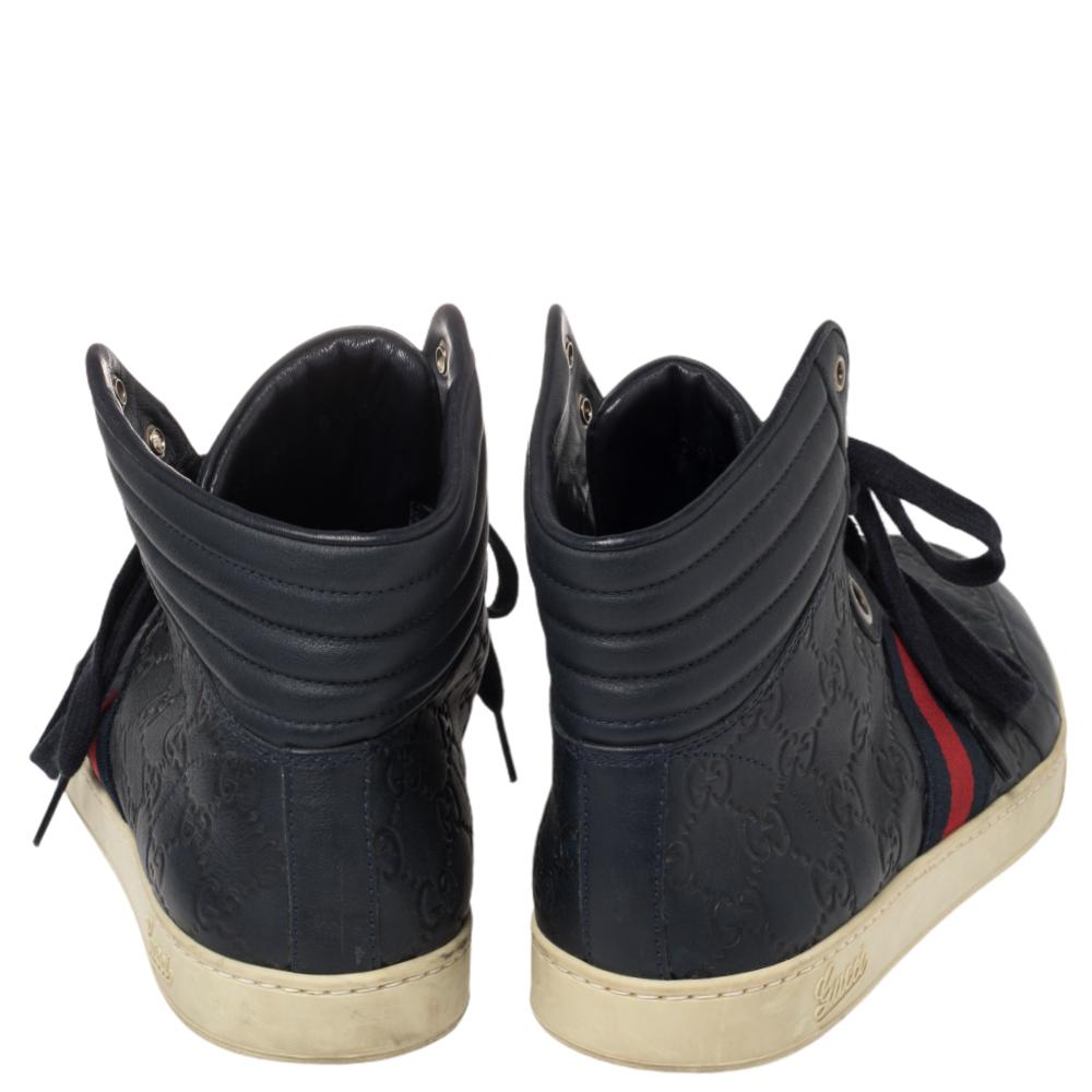 Gucci Blue Guccissima Leather Web Detail High Top Sneakers Size 42.5 In Good Condition In Dubai, Al Qouz 2