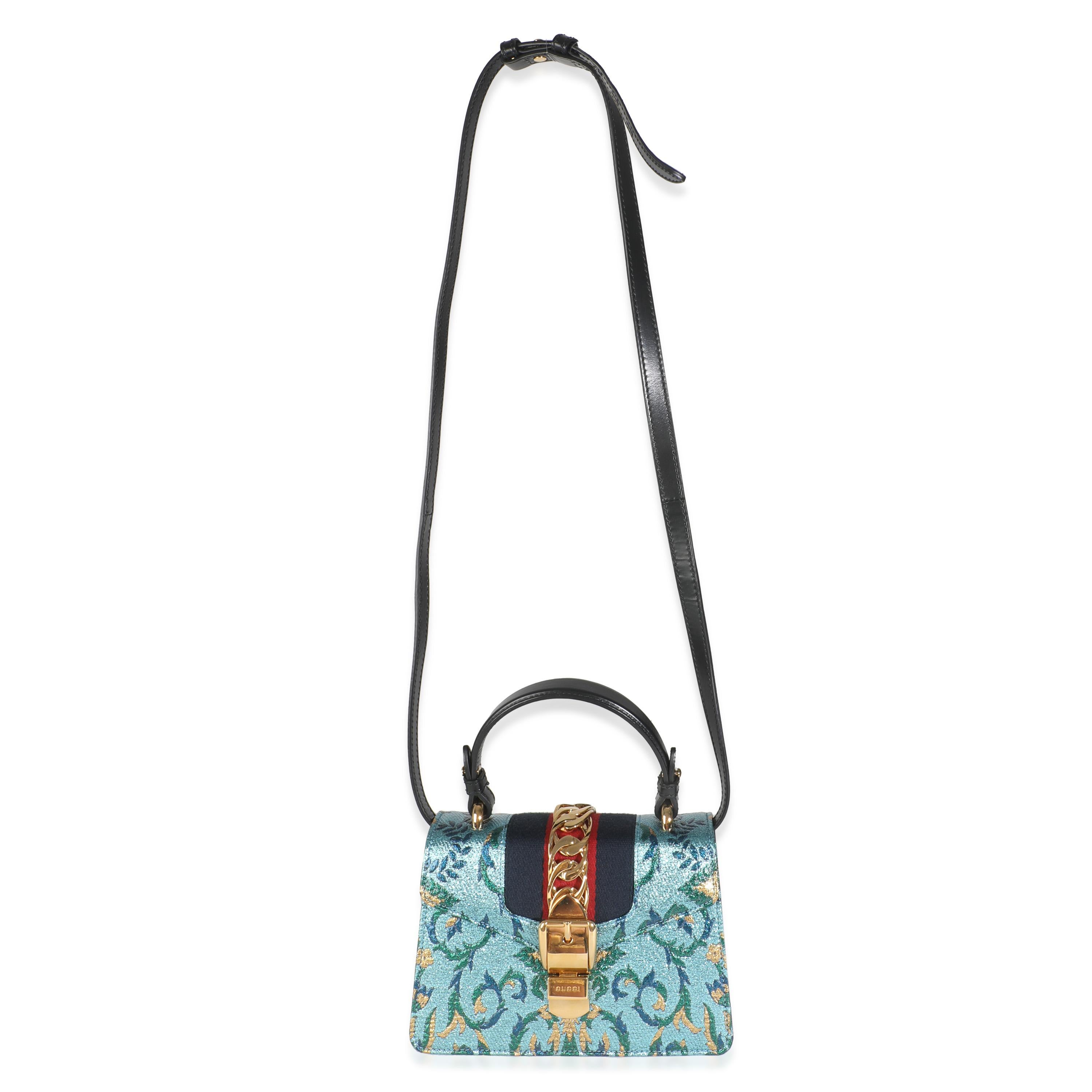 Gucci Borsa Mini Sylvie Top Handle in broccato ricamato blu iridescente in vendita 1