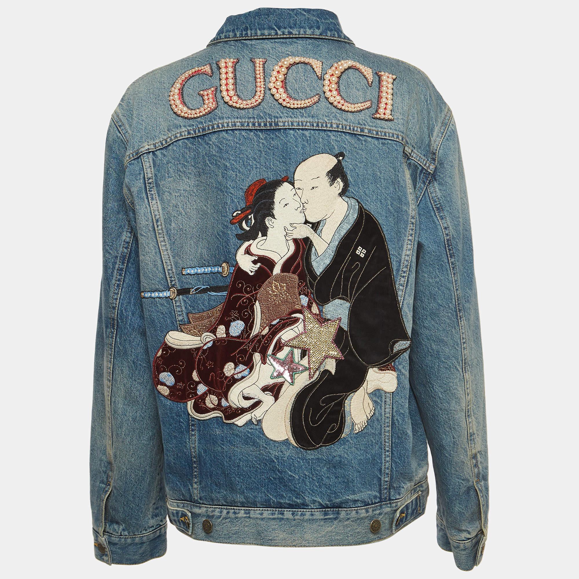 Women's Gucci Blue Japanese Embroidered Denim Jacket L For Sale