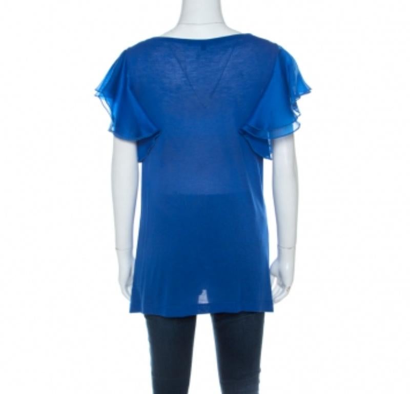 Gucci Blue Jersey and Silk Ruffled Sleeve Top S en Bastante bueno estado para la venta en Dubai, Al Qouz 2