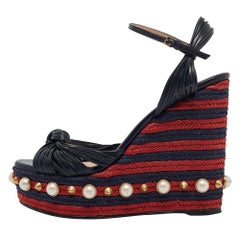 Gucci Blue Knotted Leather Pearl Embellished Espadrille Wedge Sandals Size 39