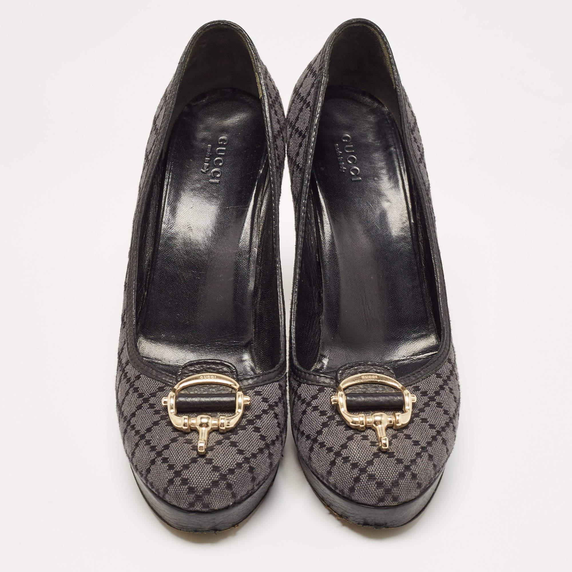 Black Gucci Blue/Lead Diamante Canvas And Leather Trim Icon Bit Peep Toe Pump Size40.5 For Sale