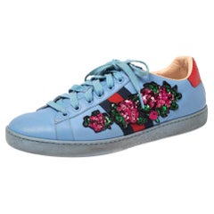 Gucci Blue Leather Ace Web Floral Embellished Low Top Sneakers Size 38