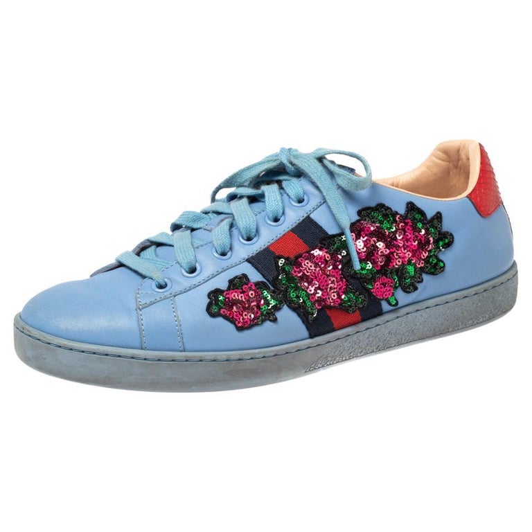 Gucci Blue Leather Ace Web Floral Embellished Low Top Sneakers Size 38 at  1stDibs