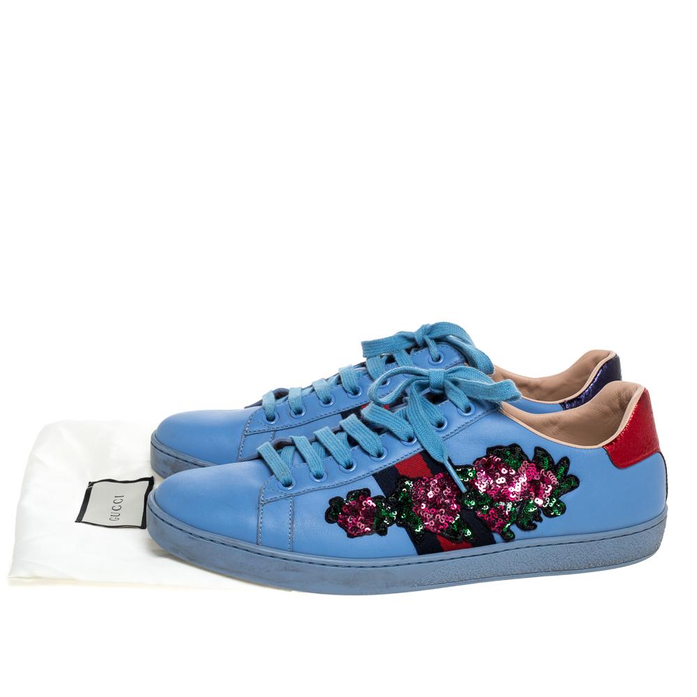 Gucci Blue Leather Ace Web Floral Embellished Low Top Sneakers Size 40.5 1