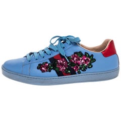 Gucci Blue Leather Ace Web Floral Embellished Low Top Sneakers Size 40.5