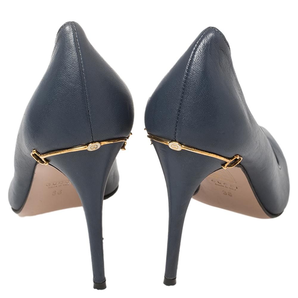 Gucci Blue Leather Adina Horsebit Pointed Toe Pumps Size 36 For Sale 1