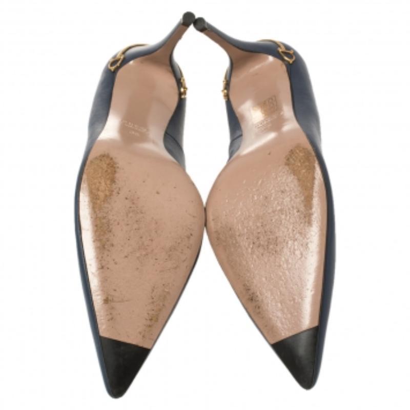 Gucci Blue Leather Adina Horsebit Pointed Toe Pumps Size 36 For Sale 2