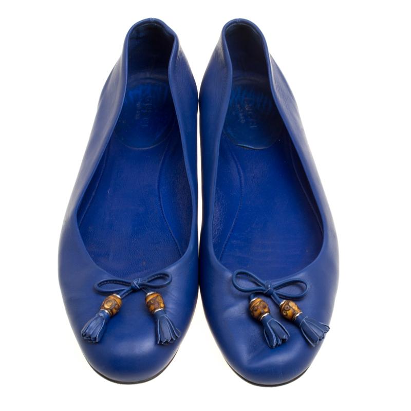 Gucci Blue Leather Bamboo Bow Ballet Flats Size 38.5 In Good Condition In Dubai, Al Qouz 2