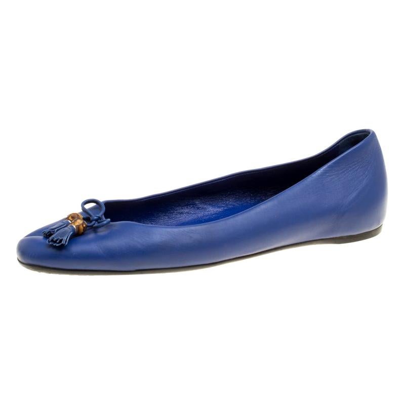 Gucci Blue Leather Bamboo Bow Ballet Flats Size 38.5