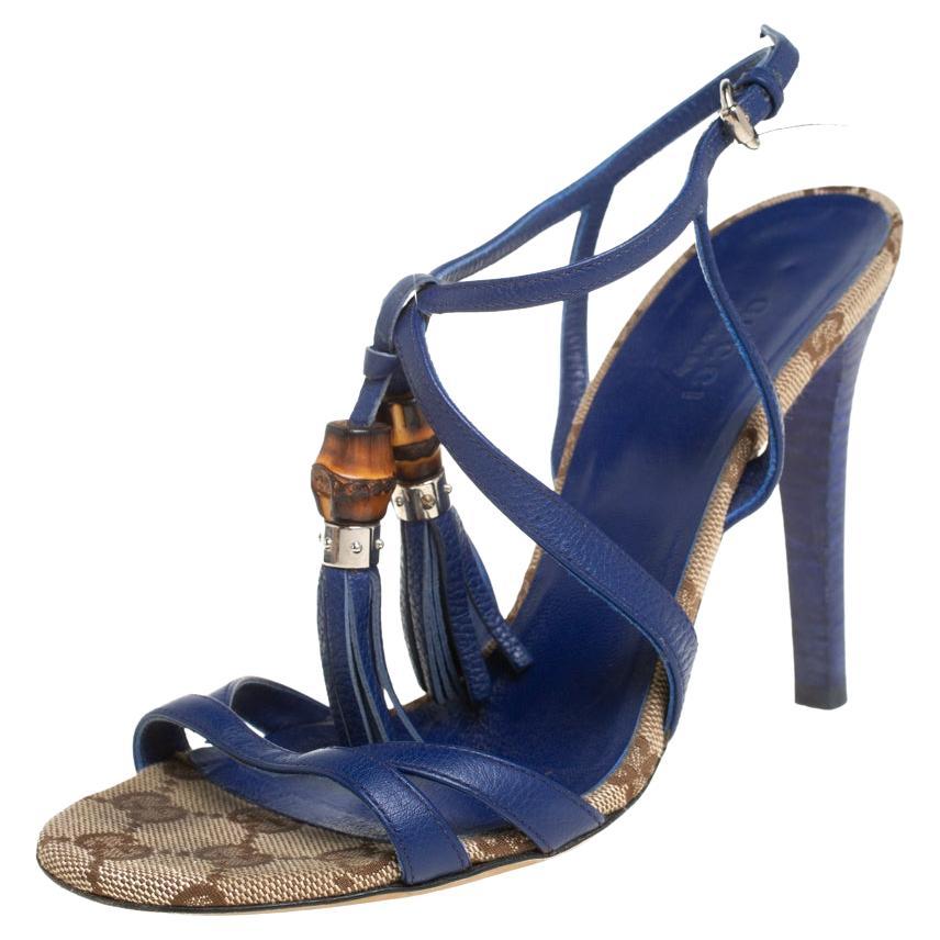 Gucci Blue Leather Bamboo Tassel Open Toe Ankle Strap Sandals Size 35.5
