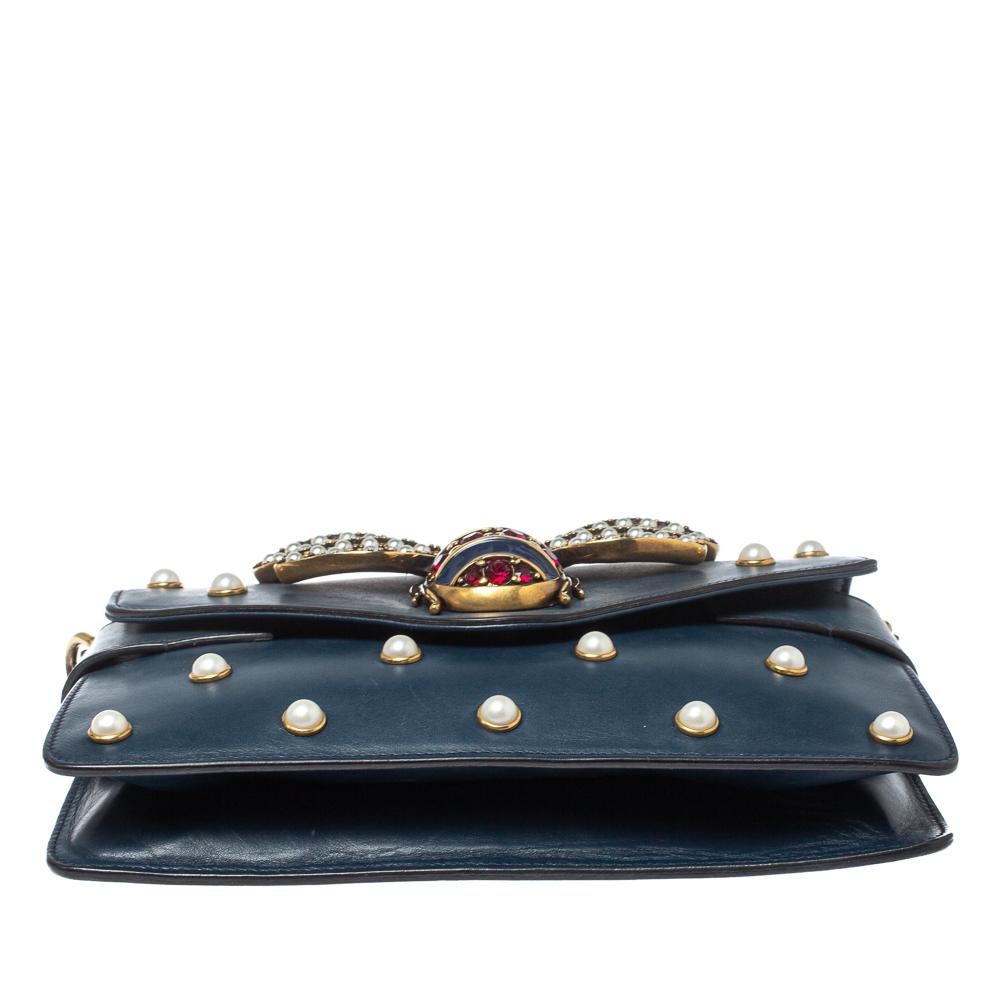 Black Gucci Blue Leather Broadway Pearly Bee Shoulder Bag