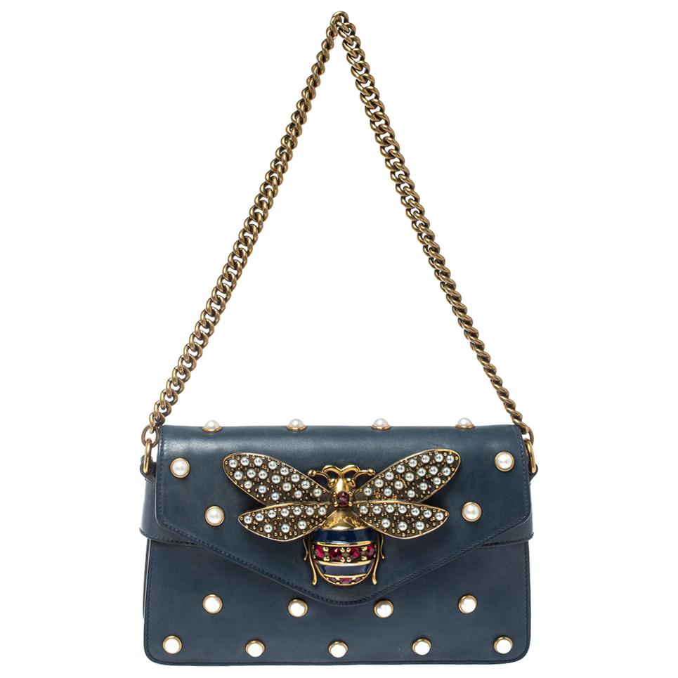 Gucci Blue Leather Broadway Pearly Bee Shoulder Bag