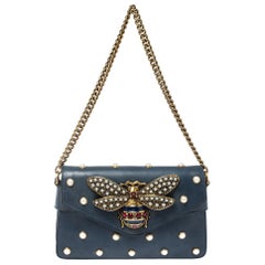 Gucci Blue Leather Broadway Pearly Bee Shoulder Bag