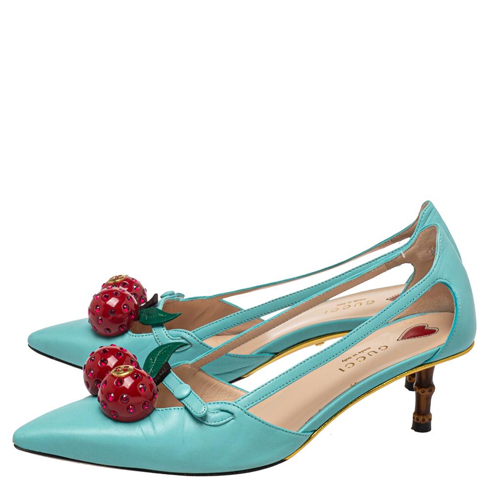 Women's Gucci Blue Leather Cherry-Embellished Pumps Size 36