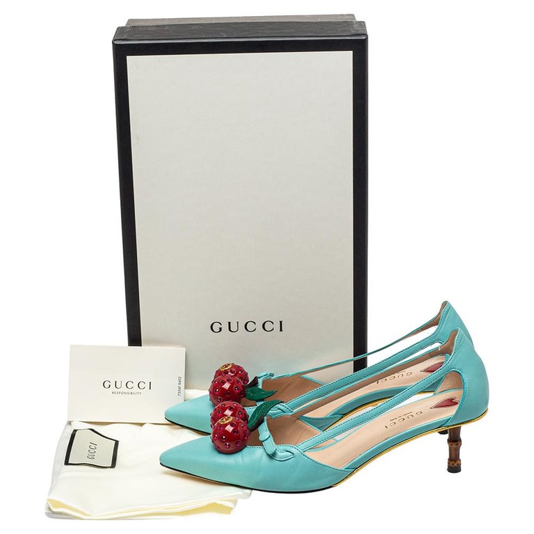 Gucci Blue Leather Cherry-Embellished Pumps Size 36 at 1stDibs
