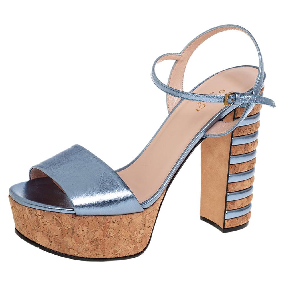 Gucci Blue Leather Claudie Ankle Strap Platform Sandals Size 38 at 1stDibs