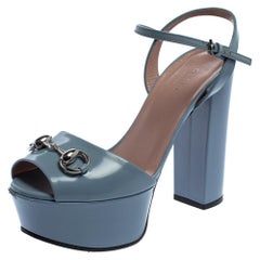 Gucci Blue Leather Claudie Horsebit Peep Toe Platform Sandals Size 35