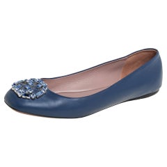 Gucci Blue Leather Crystal Embellishment Ballet Flats Size 38