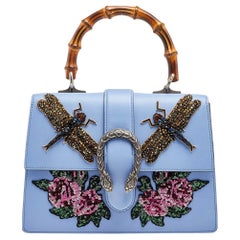 Gucci Blue Leather Embroidered Medium Dionysus Bamboo Top Handle Bag