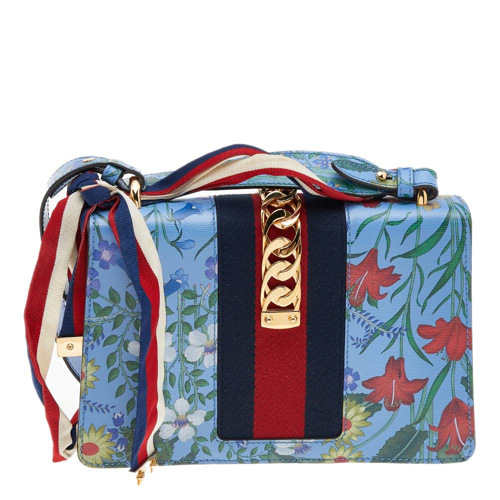Women's Gucci Blue Leather Floral Print Sylvie Small Shoulder Bag