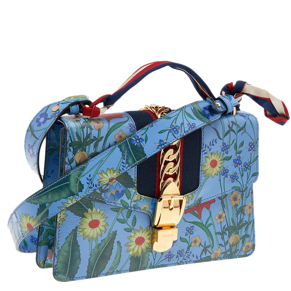 Gucci Blue Leather Floral Print Sylvie Small Shoulder Bag 1
