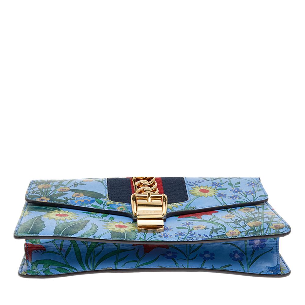 Gucci Blue Leather Floral Print Sylvie Small Shoulder Bag 2