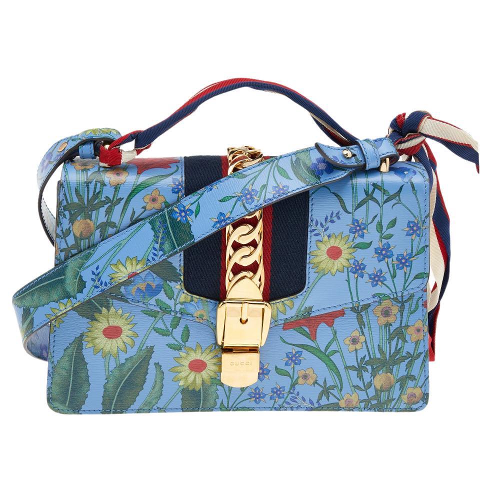 Gucci Blue Leather Floral Print Sylvie Small Shoulder Bag at