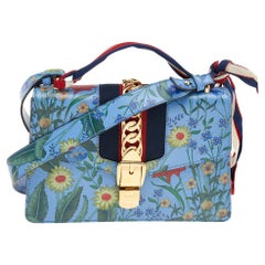 Gucci Blue Leather Floral Print Sylvie Small Shoulder Bag
