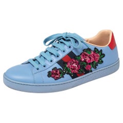 Gucci Blue Leather Floral Sequence Ace Sneakers Size 37.5