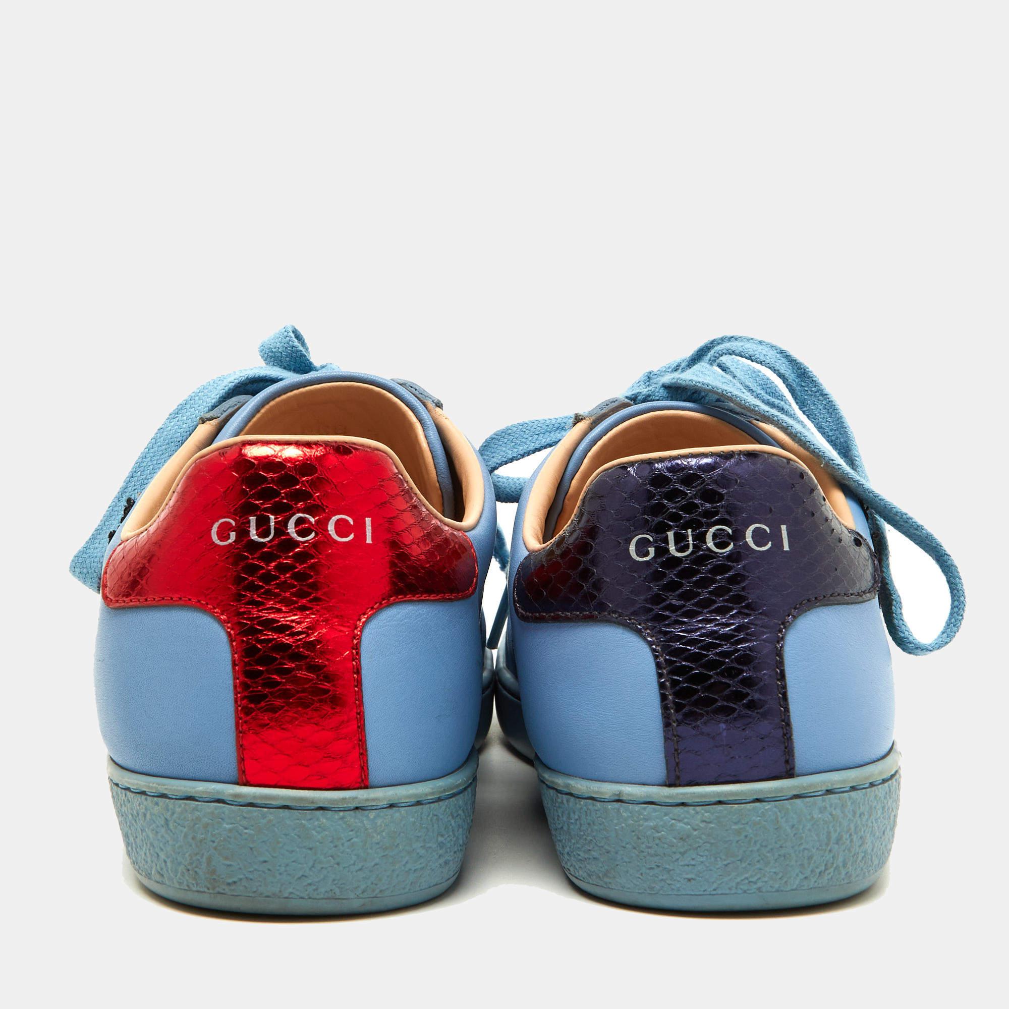 Women's Gucci Blue Leather Flower Sequins Embellished Ace Low Top Sneakers Size 36 For Sale