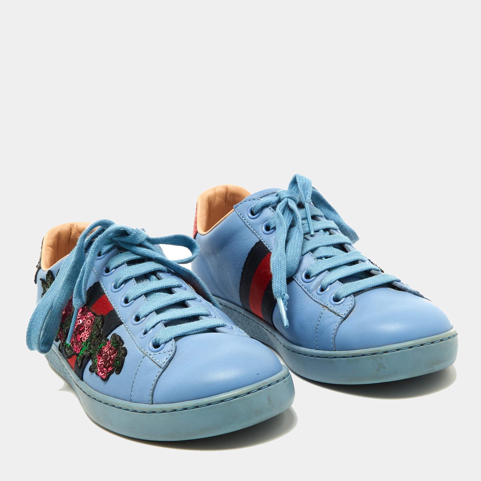Gucci Blue Leather Flower Sequins Embellished Ace Low Top Sneakers Size 36 For Sale 1